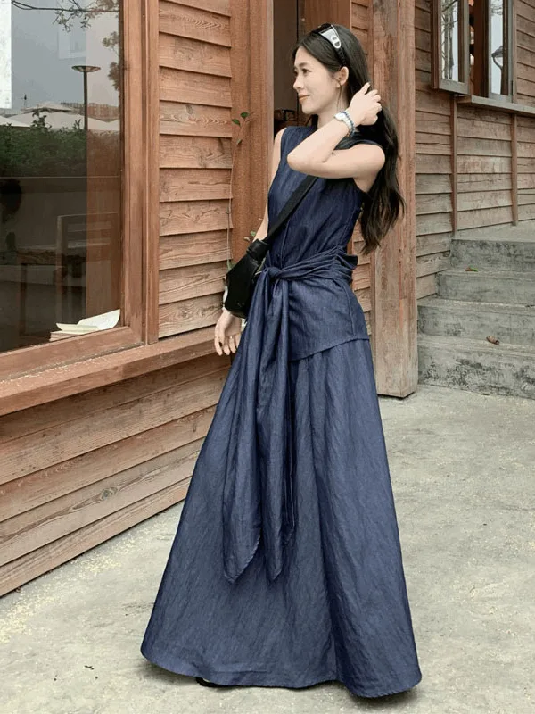 

Faionable Tie-Detail Svel Top And Midi Skirt Set Women's Summer 2025 New Arrival Ele Vintage Sle Two-Piece Suit