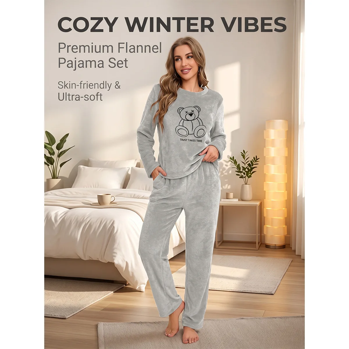 Cartoon Bear Graphic Loungewear Set Ladies Crew Neck Long Sleeve Shirt Elastic Waist Trousers Relax Indoor Sleep Suit