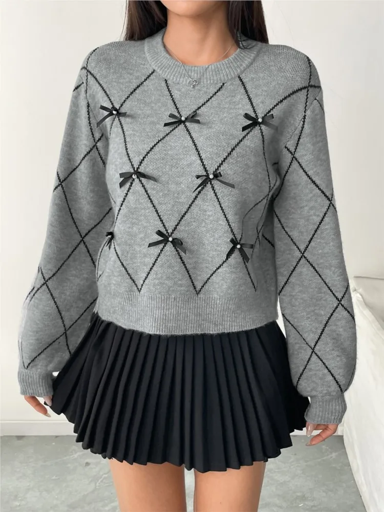 

Sweet Pullover Round Neck Bow Decorated Diamond Plaid Sweater For Women Winter Clothes Woman Pulls Femmes All-match Simple Style