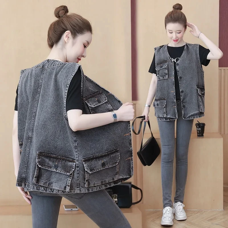 

Short Denim Vest Female Spring Autumn Korean Fashion Loose Retro Waistcoat Casual Sleeveless Coat Tide Women Cargo Jacket V-neck