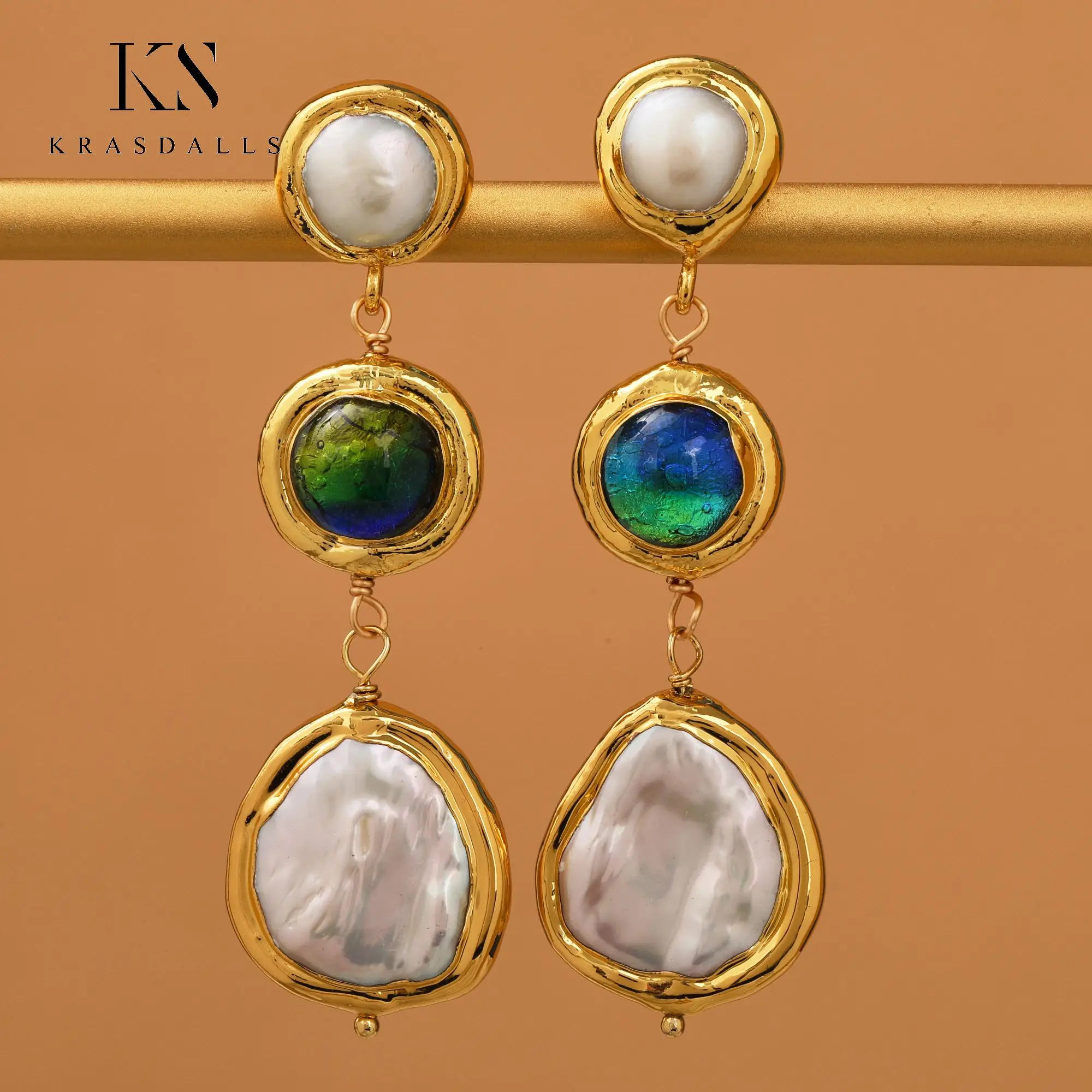 

Natural Keshi White Coin Pearl Charms Gold Plated Blue Murano Glass Stud Earrings for Women Dropshipping