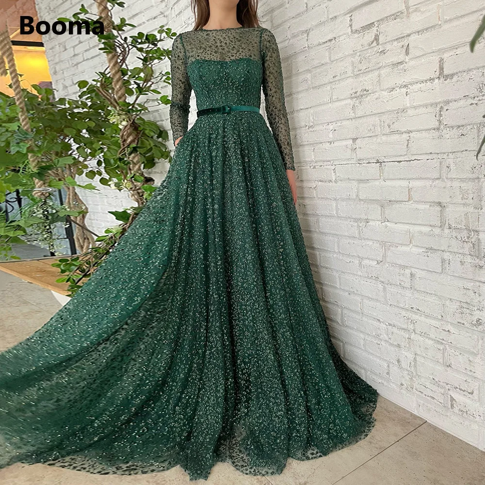 Booma Emerald Green Glitter Lace Prom Dresses Lange Mouwen Sheer Hals A-lijn Formele Avondjurken Open Back Party Jurken