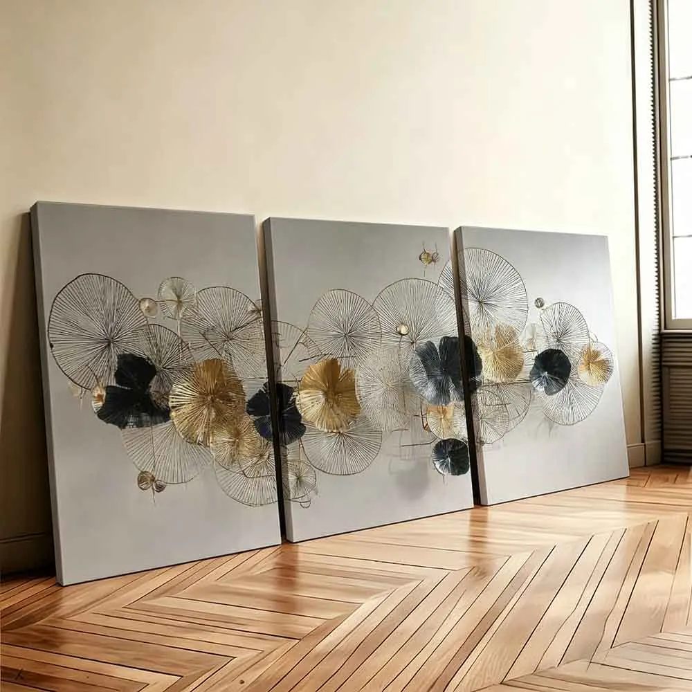 [2D Flat]3pcs 11.81*15.74in/30*40cm Frame Art Home Decor Painting Abstract Wire Wall Sculpture with Gold and Black Leaves Design