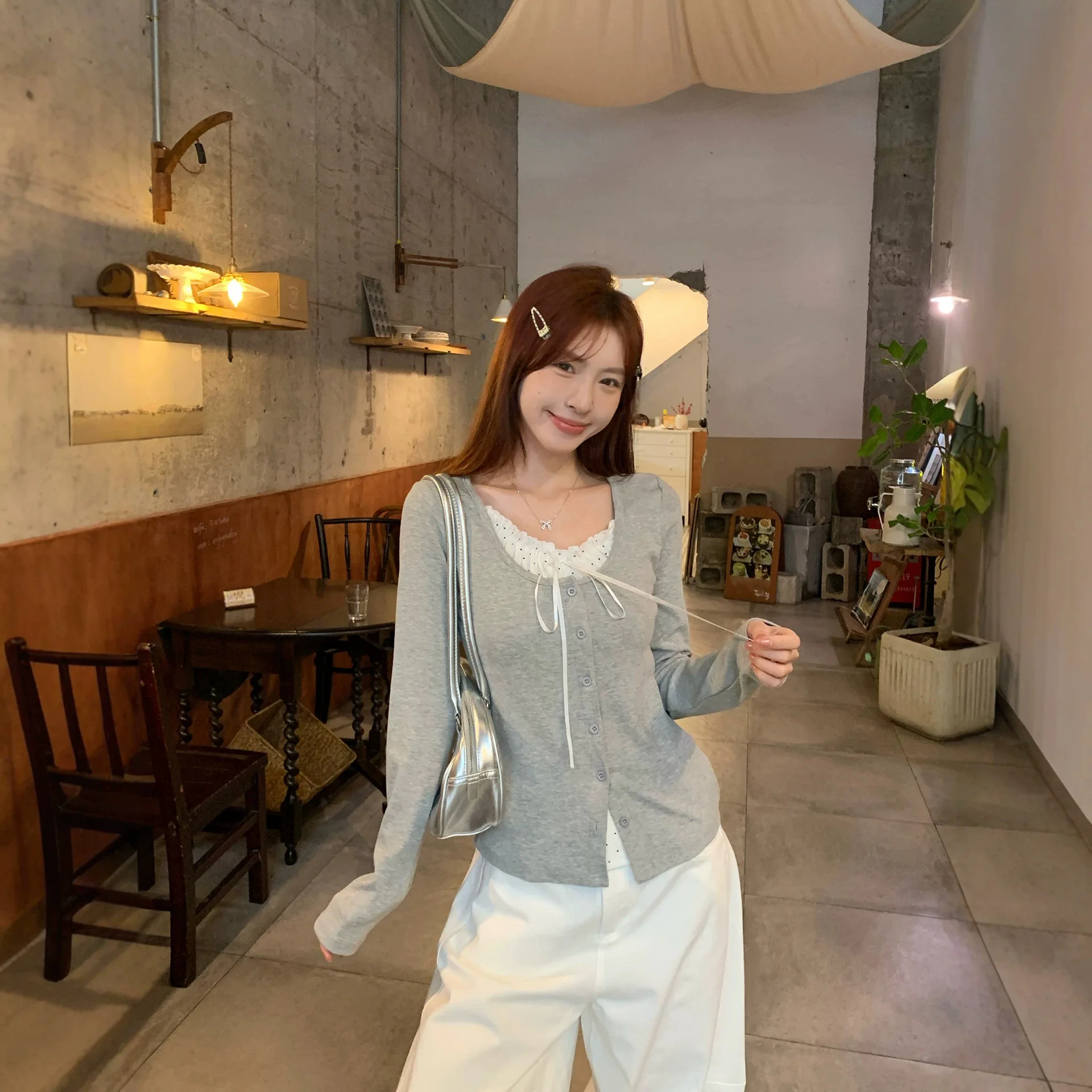 False 2 Pieces Korean Fashion Long Sleeve T-shirts Women Slim Kpop Y2K Tops Vintage Bow Cute Tees Cheap Clothes Woman Tshirts