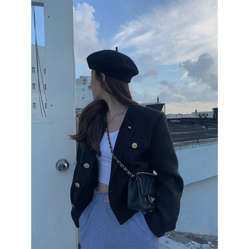 

Твидовый жакет черный женский весенний, декорированный, функциональный, с множеством карманов, практичный, на молнии, приталенный, для женщин