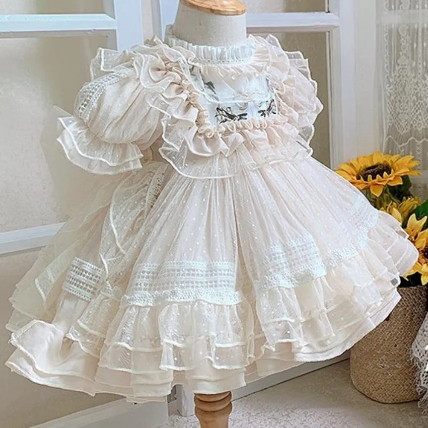 Spanish Vintage Lolita Baby Girls princess Dress Lace Mesh stitching Birthday Party Easter Cute ball gown dress