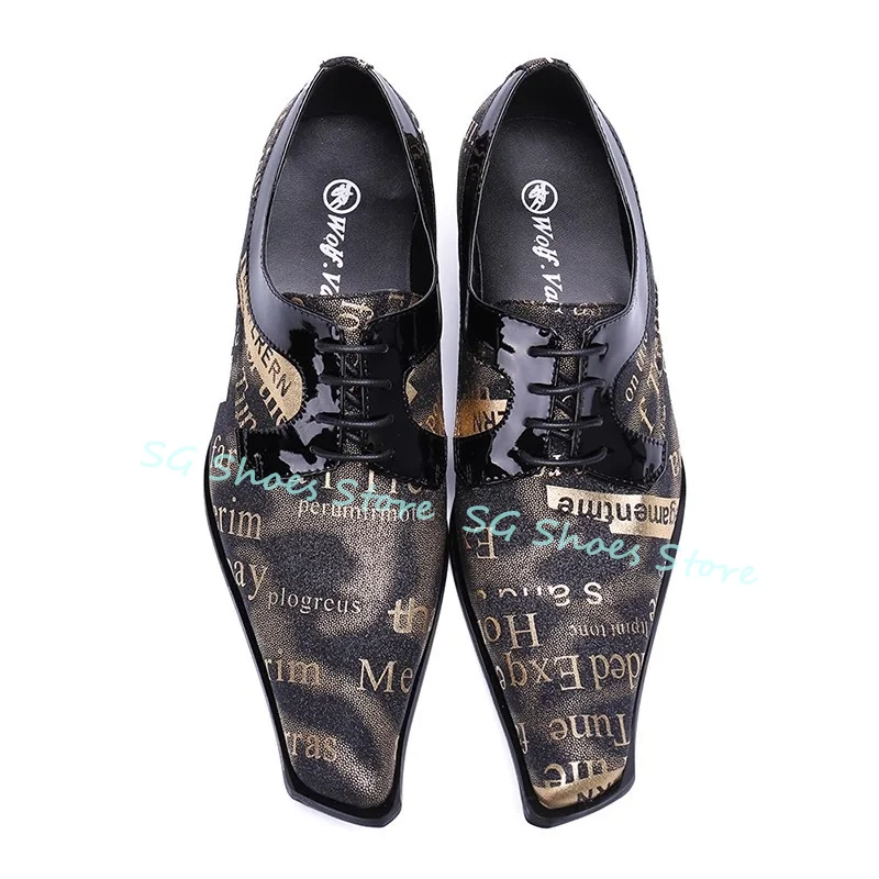 

British Style Graffiti Prints Genuine Leather Oxofrds for Men Square Toe Chunky Heel Lace-Up Shoes Male Formal Dress Shoes
