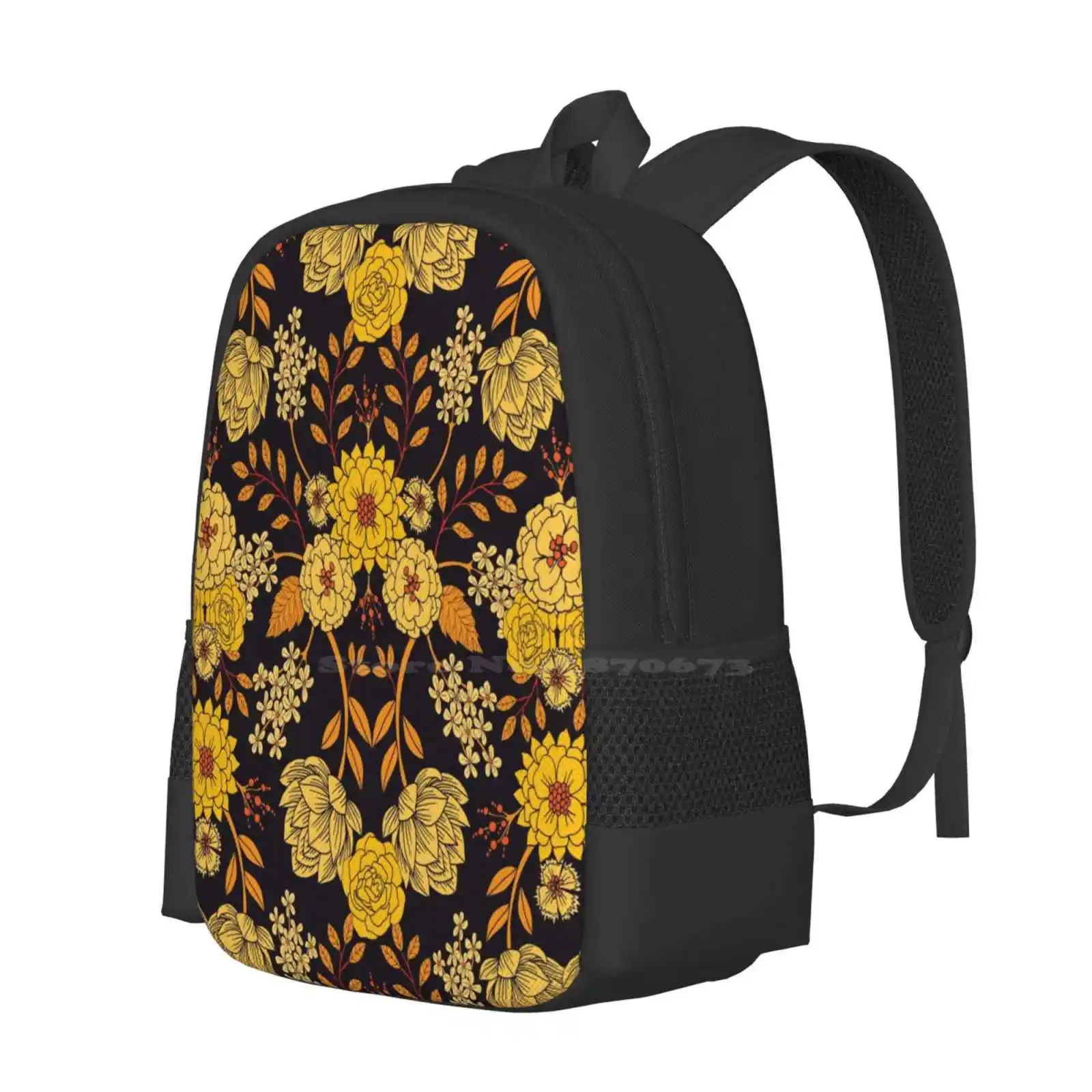 Yellow , Orange & Navy Blue Dark Floral Pattern 3D Print Design Backpack Student Bag Yellow Orange Navy Blue Flowers Leaves