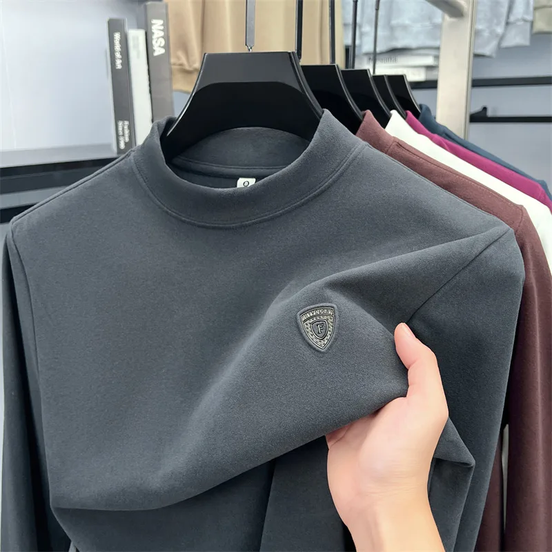 

High quality double-sided velvet long sleeve T-shirt men's fashion brand badge embroidery autumn and winter casual warm pullover