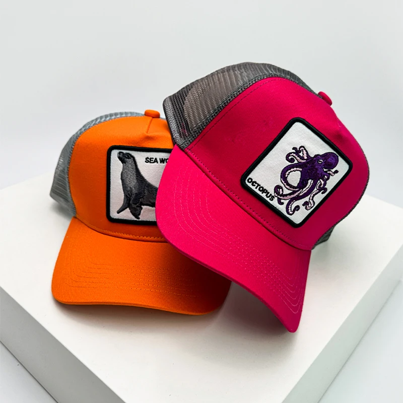 Neue Männer Frauen Farbe Block Stickerei Cartoon Meerestiere Baseball Hüte Persönliche Atmungsaktive Trucker Cap Mesh Hip Hop Vielseitig