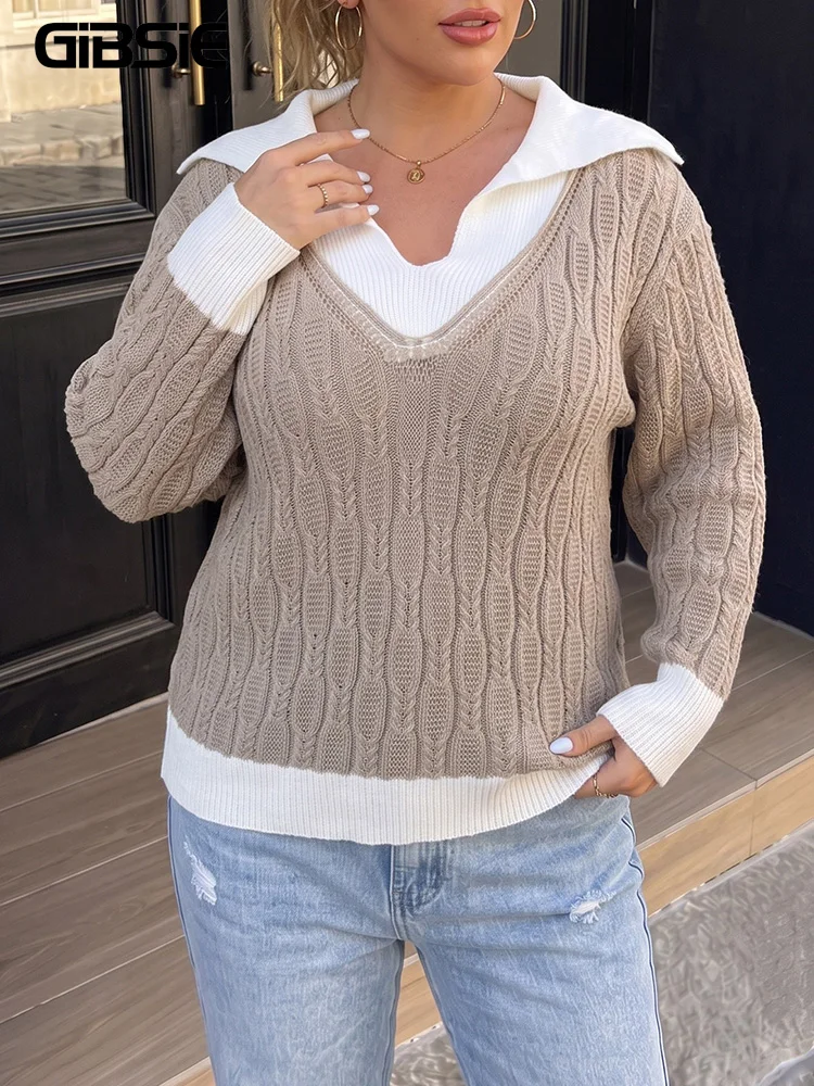 GIBSIE Plus Size Autumn and Winter Knitted Pullover Sweater Women Contrast Sailor Collar Long Sleeve Casual Sweater Jumper Top