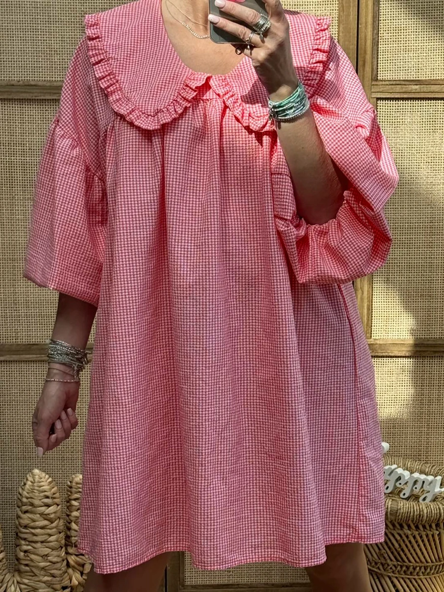 Abiti corti scozzesi da donna Y2k manica corta a sbuffo Mini abito allentato Summer Boho Streetwear