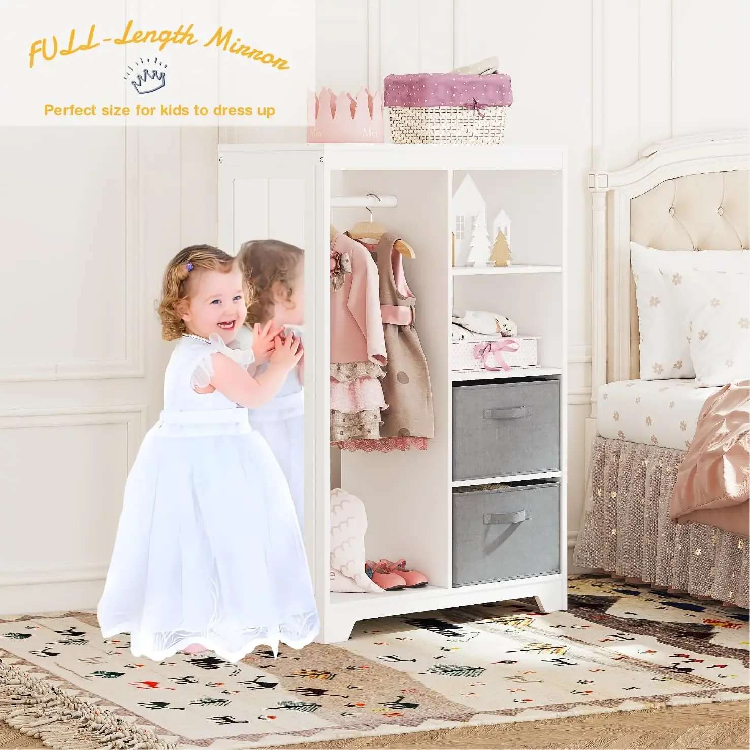 Kids Dress Up Storage with Full Length Mirror, Kids Armoire with 2 Storage Bins, Opening Hanging Costume Closet Wardrobe for Kid