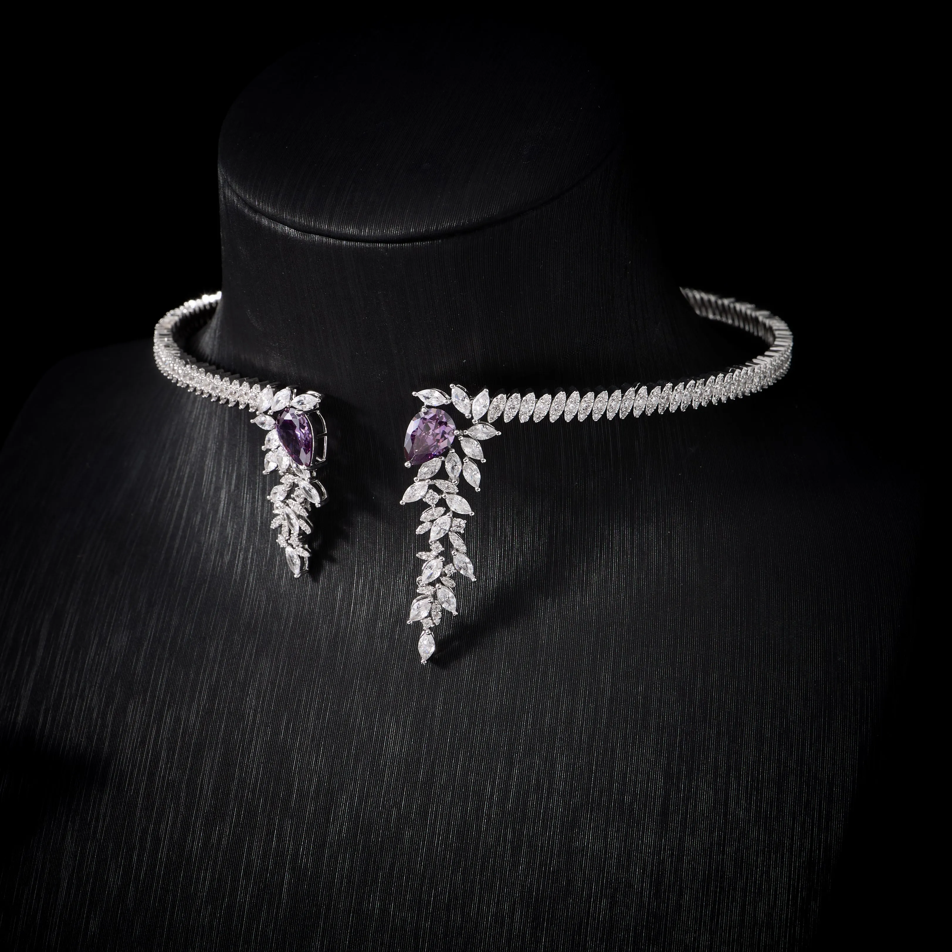 

00051 Bridal Cuff Necklace Sets for Women Cubic Zirconia Choker Jewellery Set Dubai Saudi Party Engagement Accessory
