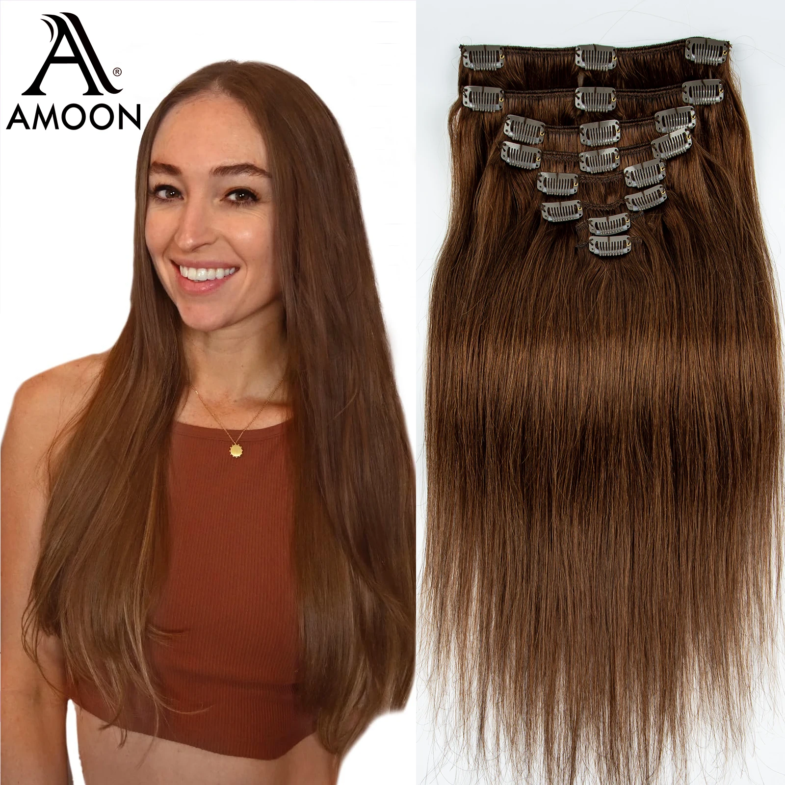 Amoon-Clip em extensões de cabelo, cabelo natural real, Remy em linha reta, preto brasileiro, castanha, 4 #, 8Pcs Set