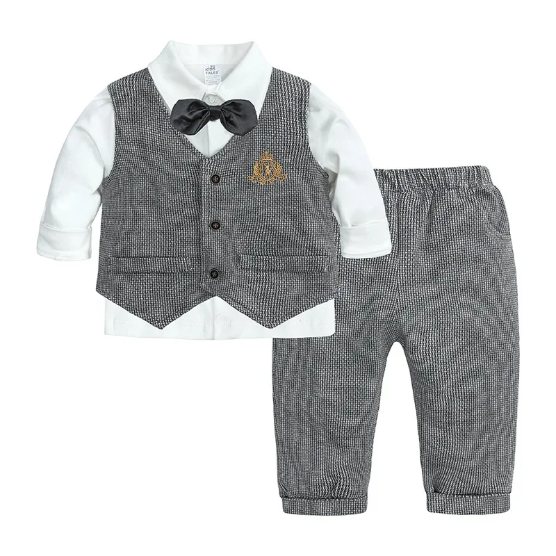 2024 Autumn New Baby Boys Embroidery Vest + Shirt + Trousers 3 Pcs Sets Children's Clothing Baby Gentleman Suit with Bow Tie