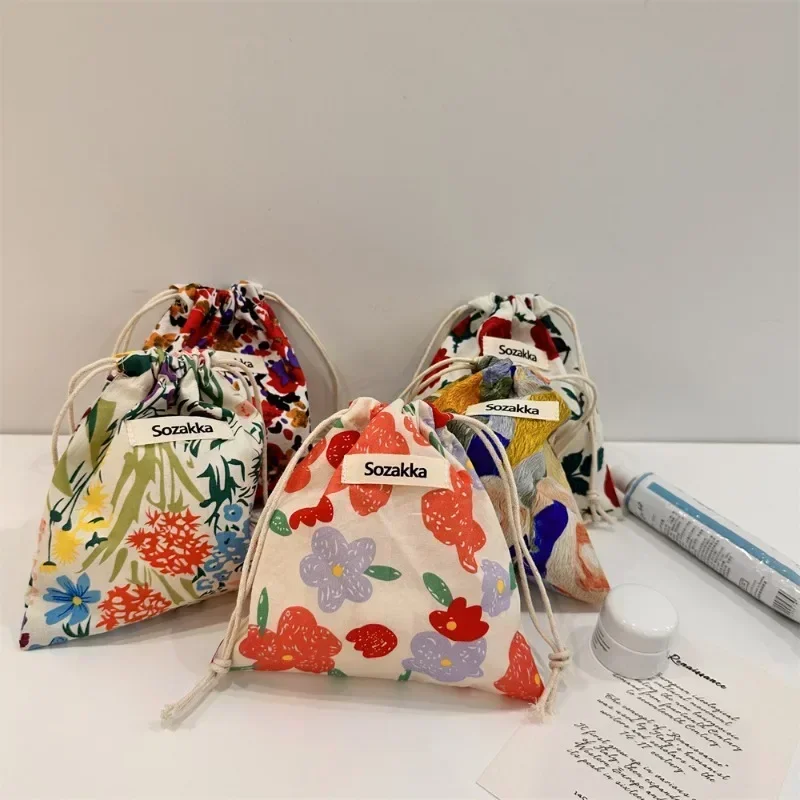 Floral Drawstring Lipstick Toiletry Cosmetic Bags Fashion Girl Coin Bags Purse Keys Earphone Cotton Makeup Organizer Pocket Bags