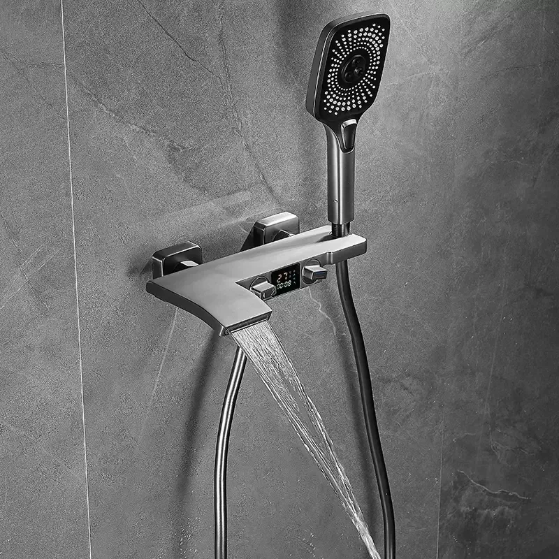 

Black Bath and Shower Faucet Set Wall Mounted LED Digital Display Gray Waterfall Shower Mixer Bathroom Taps Brass