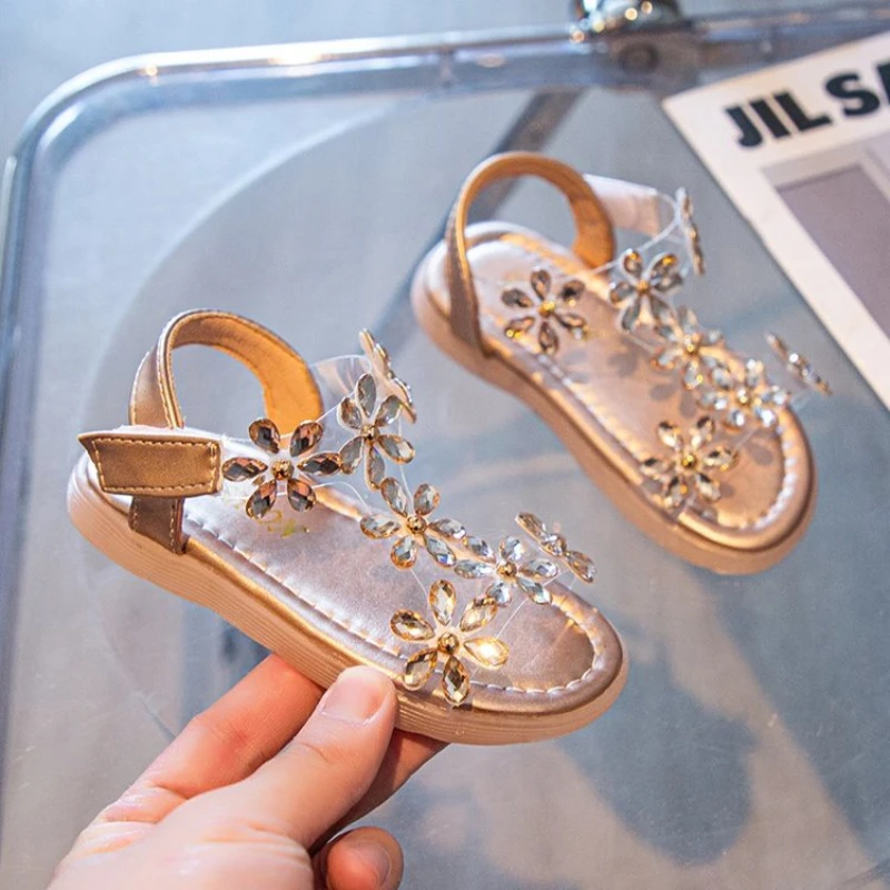 2024 Summer Girls Sandals Flower Crystal Princess Shoes Kids Fashion Rhinestone Beach Shoes Children Anti-slip Ankle Strap Shoes