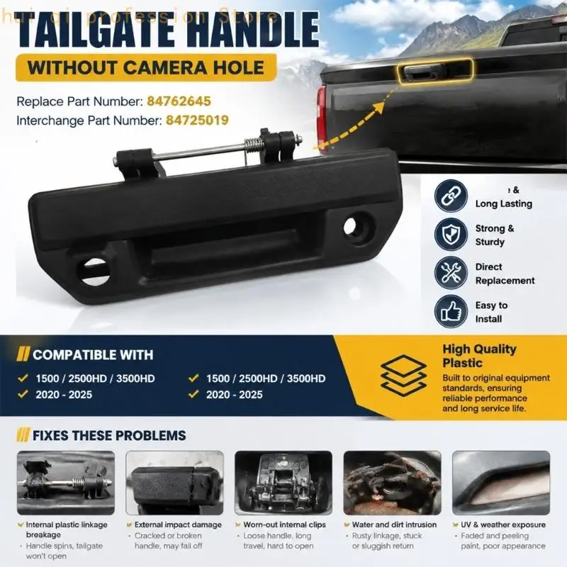 Mechanical Rear Closure Release Handle for 2020-2025 1500, 2500HD, and 3500HD Pickup Models, Exterior Pull Assembly with