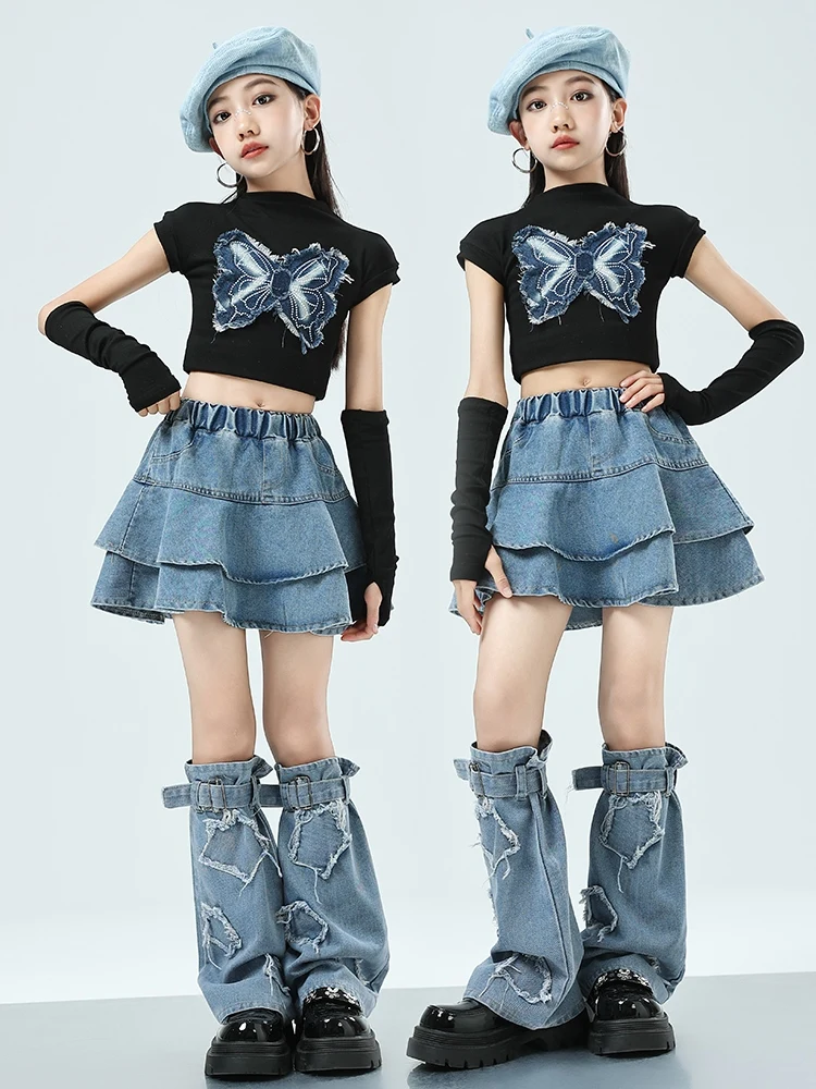 Children Jazz Dance Costume Girls Hip Hop Street Dance Performance Clothing Denim Skirt Crop Tops Catwalk Concert Suit BL13207