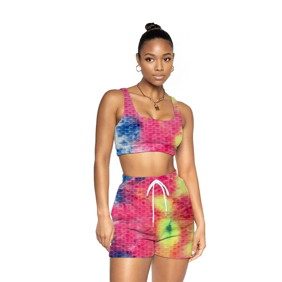 Tie-Dye Tank Top tanpa lengan, olahraga Yoga dengan celana pendek mode 2 potong Set Sehe Fashion