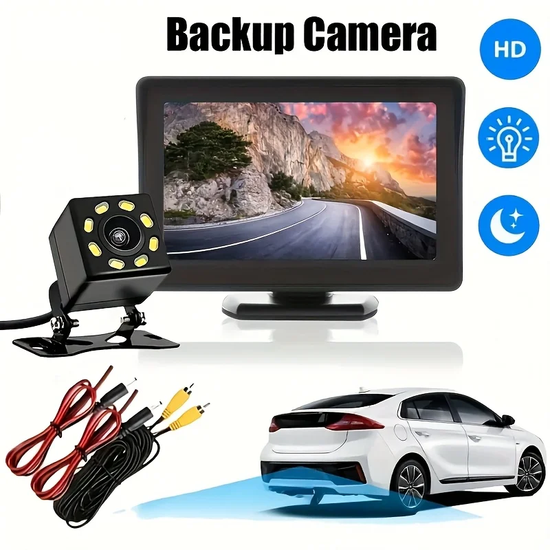 [10.92cm HD Monitor 8LEDs Rear View Camera Kit] Monitor Car Backup Reverse Camera Rear View Parking System view 3