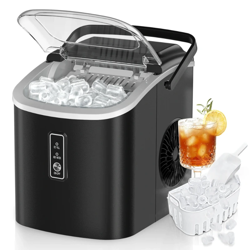 

Portable Countertop Ice Maker with Handle, 26 lbs/24H, 9 Cubes in 6 Mins, Auto-Cleaning(Black Choice CN)Silver