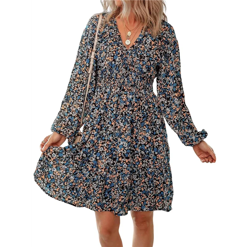 CGS-Donna Autunno Boho Floreale Scollo a V Manica lunga Smocked Elastico in vita Casual A-Line Mini abito prendisole