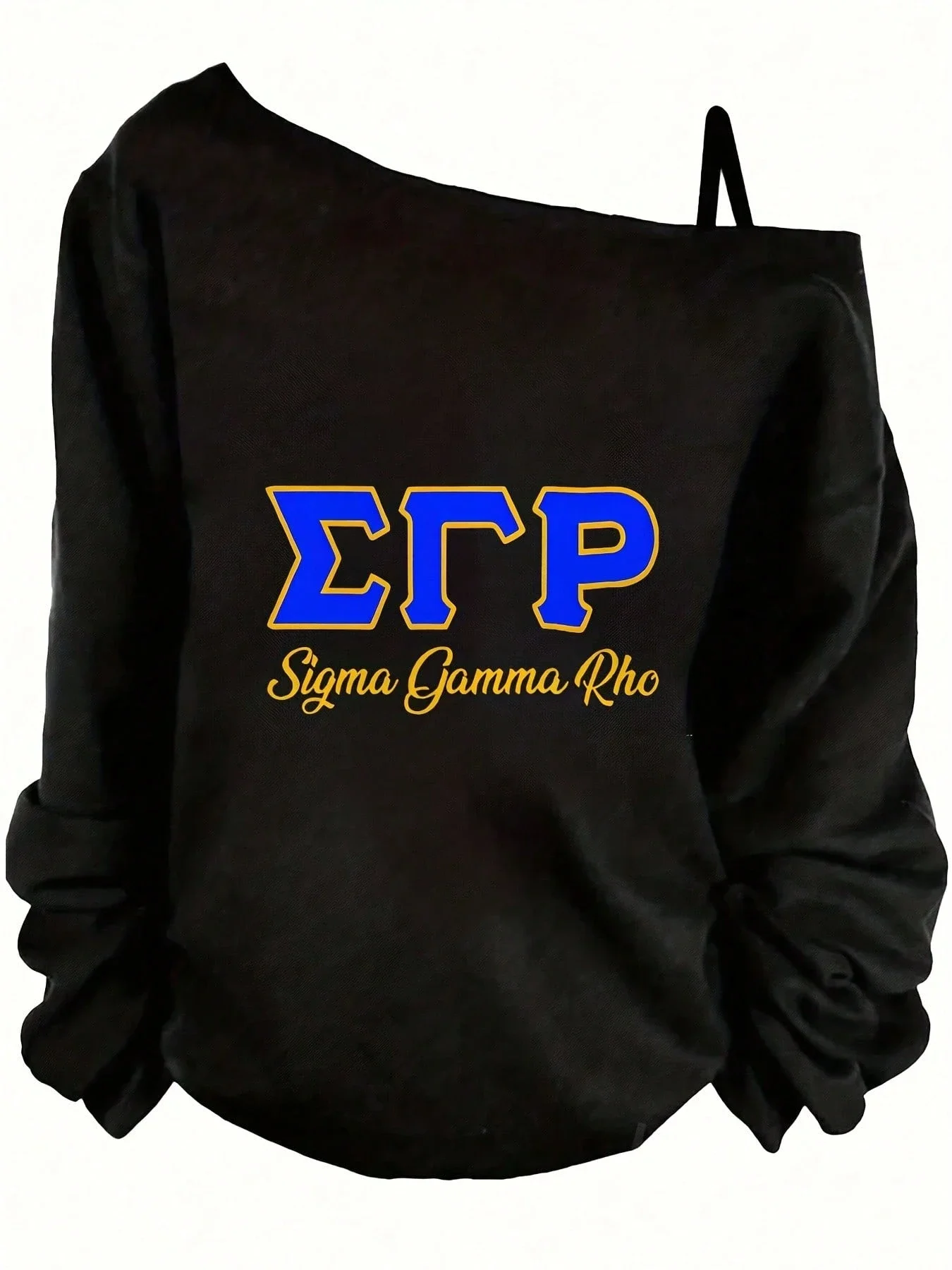 

Off Shoulder Long Sleeve Top With Ruched Cuffs And Greek Letters Black Casual Women's Sweatshirt