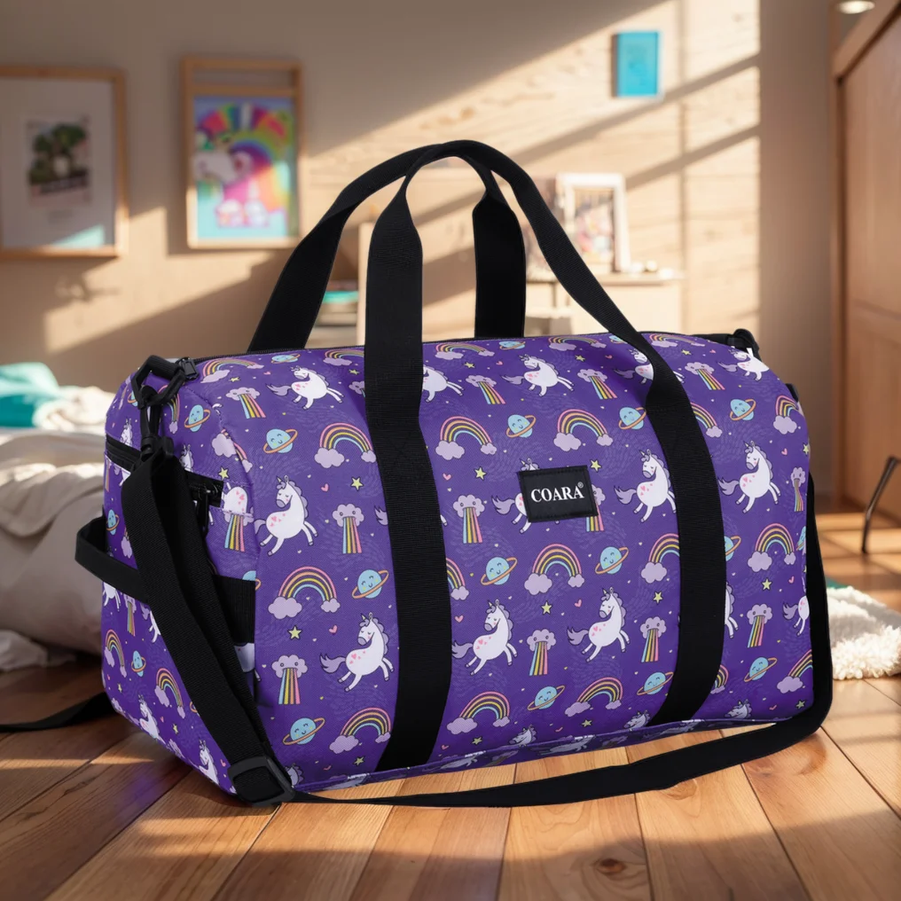 

Vibrant Unicorn & Rainbow Print Duffle Bag, Overnight Bag, Weekender Carry On Tote, Perfect for Travel Gym and Sport