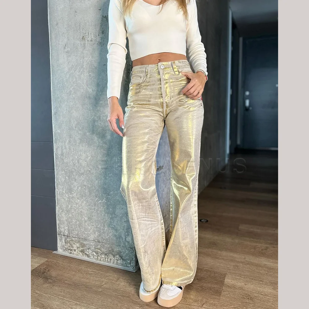 Metallic Denim Straight Jeans Wide Leg Women High Waist Loose Pants Y2K Oversize Denim Trousers Hip-hop Streetwear