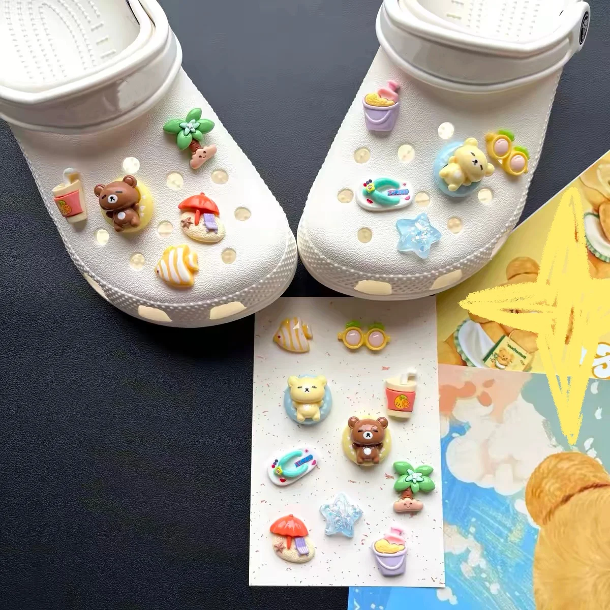 New Cute Swimming Circle Bear Vacation Sneakers Charm Beach Slippers DIY Resin Accessories Girls' Children's Party Gifts