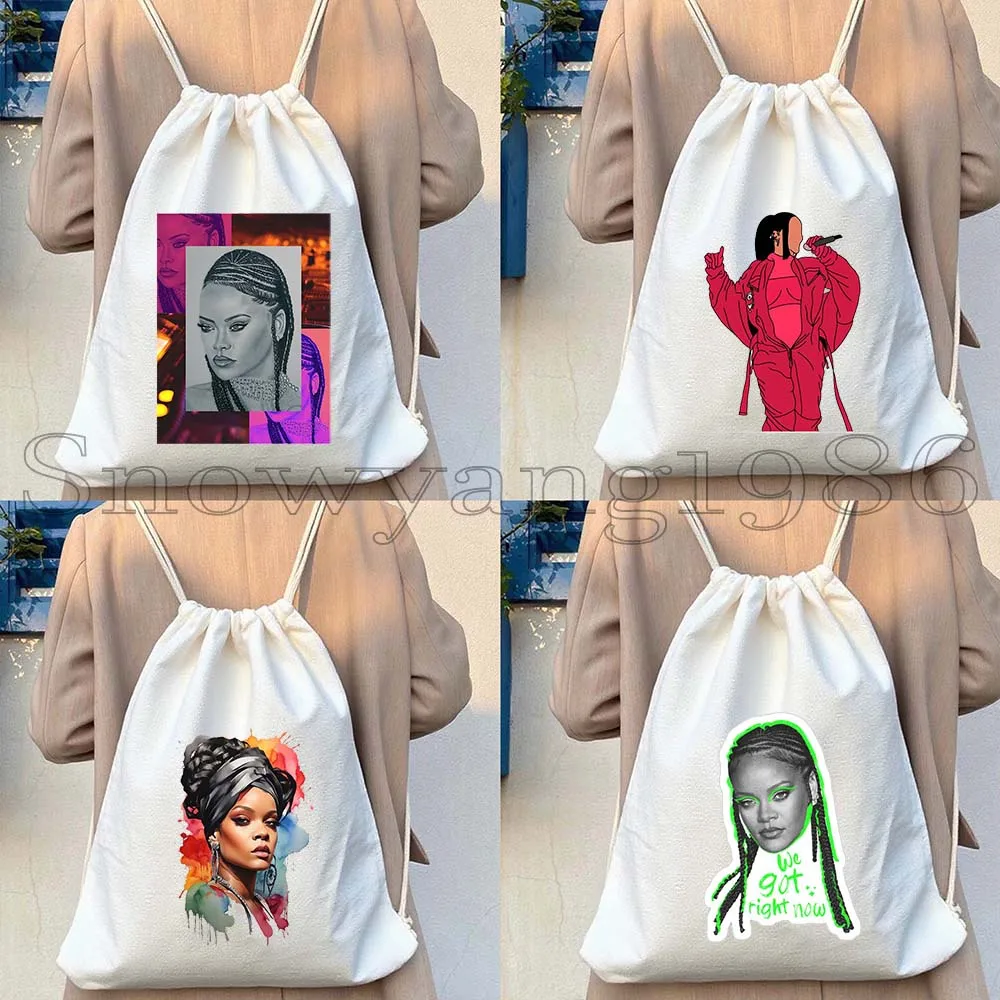 Beautiful Sexy Rihanna Portrait Cute Music Singer Poster Fan Gift Canvas Drawstring Bag Soccer Backpack Sports Gym Yoga Sackpack