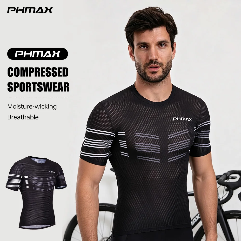 PHMAX Men Cycling Base Layer Shirt Short Sleeve Stretch Mesh Cycling Undershirt Quick Dry Breathable Men Bicycle First Layer