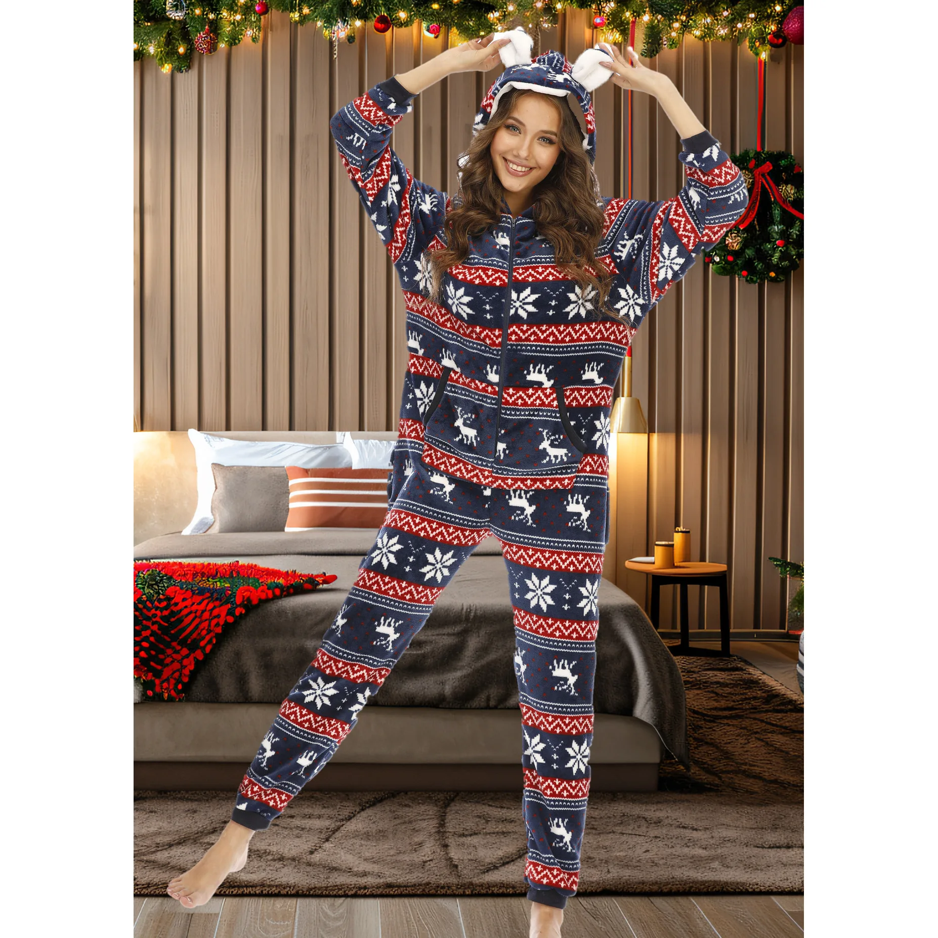 

Women Snowflake Print Hooded Nightwear Jumpsuit Sleepwear Winter Woman's Pajama Hooded Home Pajamas One Piece Adult Onesie