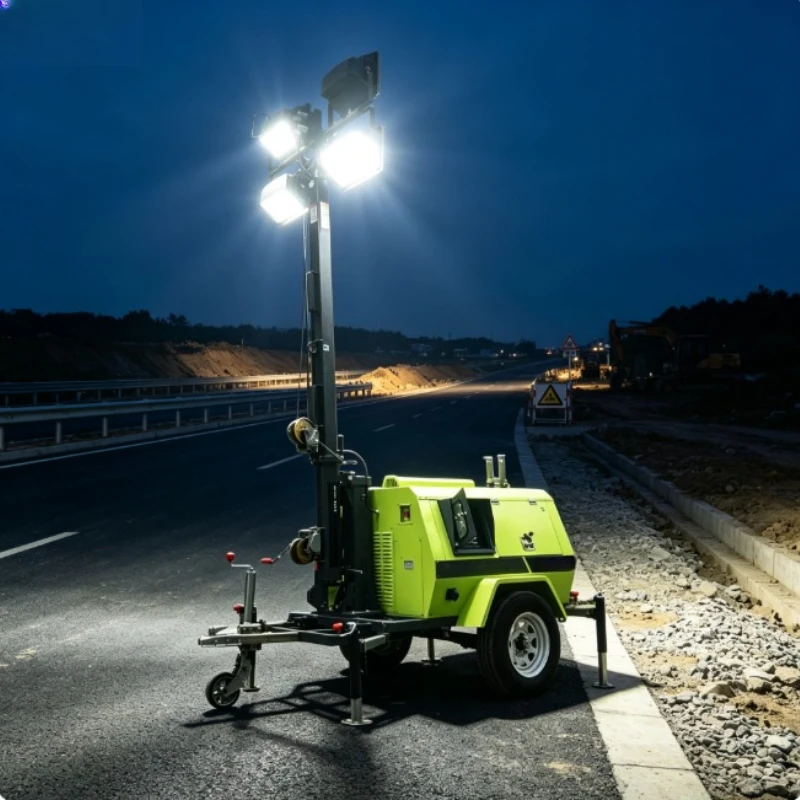 Mobile Lighting Tower Trailer Diesel Power 8.5m Manual Telescopic Pole Adjustable Direction For Construction Night Light