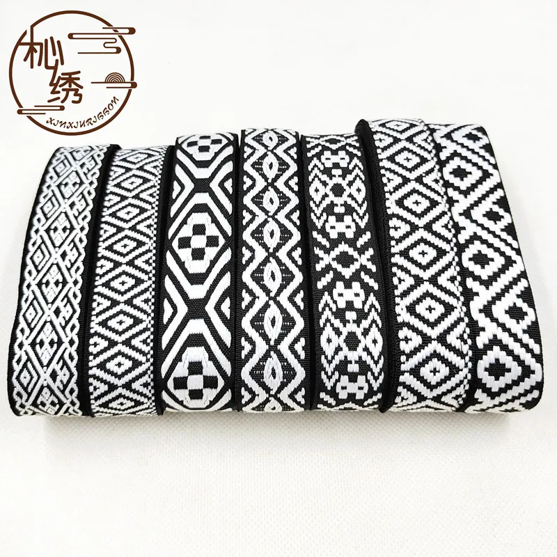 1inch 25mm 10Yards/Lot Black White Grid Tiny Fantastic Design Geometry Woven Jacquard Ribbon Trim