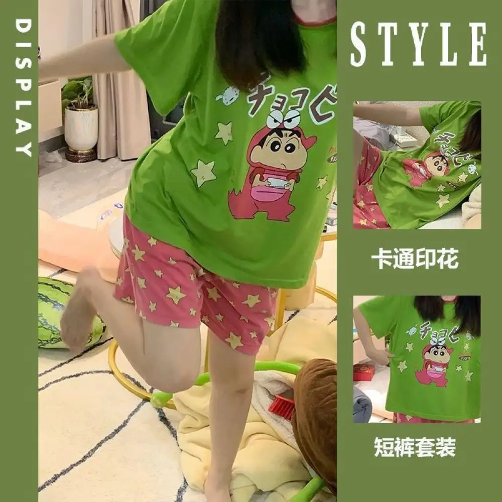 Japanese Crayon Shin-Chan Pajama Suit Cartoon Cute Loungewear Women Summer Short Sleeved Shorts Sleepwear Loose and Comfortable