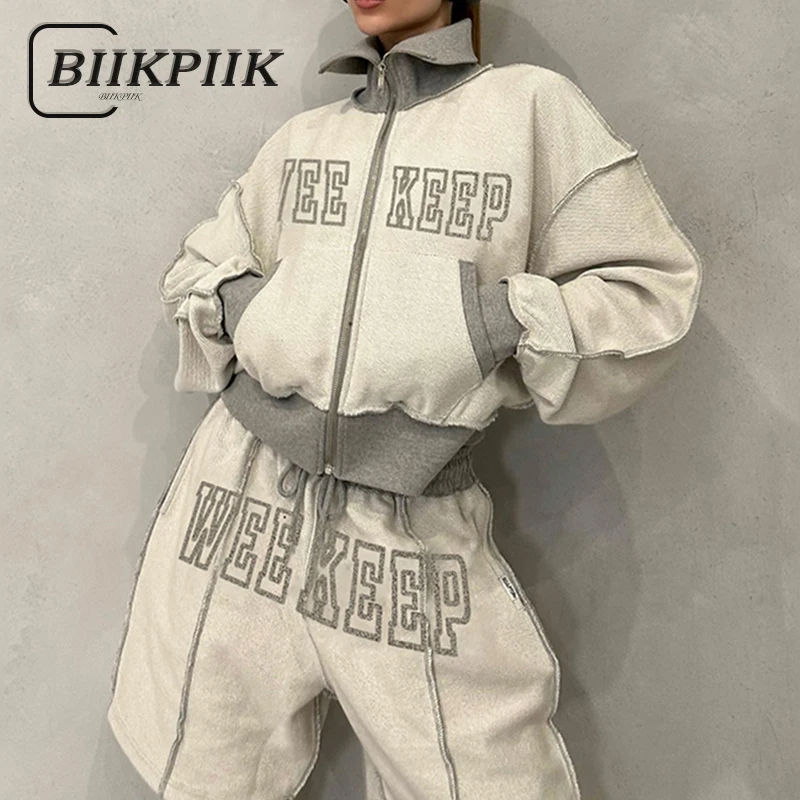 BIIKPIIK Letter Embroidery Patchwork Zip Up Women Jackets Streetwear Stitch Baggy Turtleneck Autumn Coats Sporty Casual Outfits