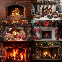 Christmas Fireplace Theme Background New Year Home Decoration Warm Family Winter Brick Frame Stove Photography Props Gift Banner