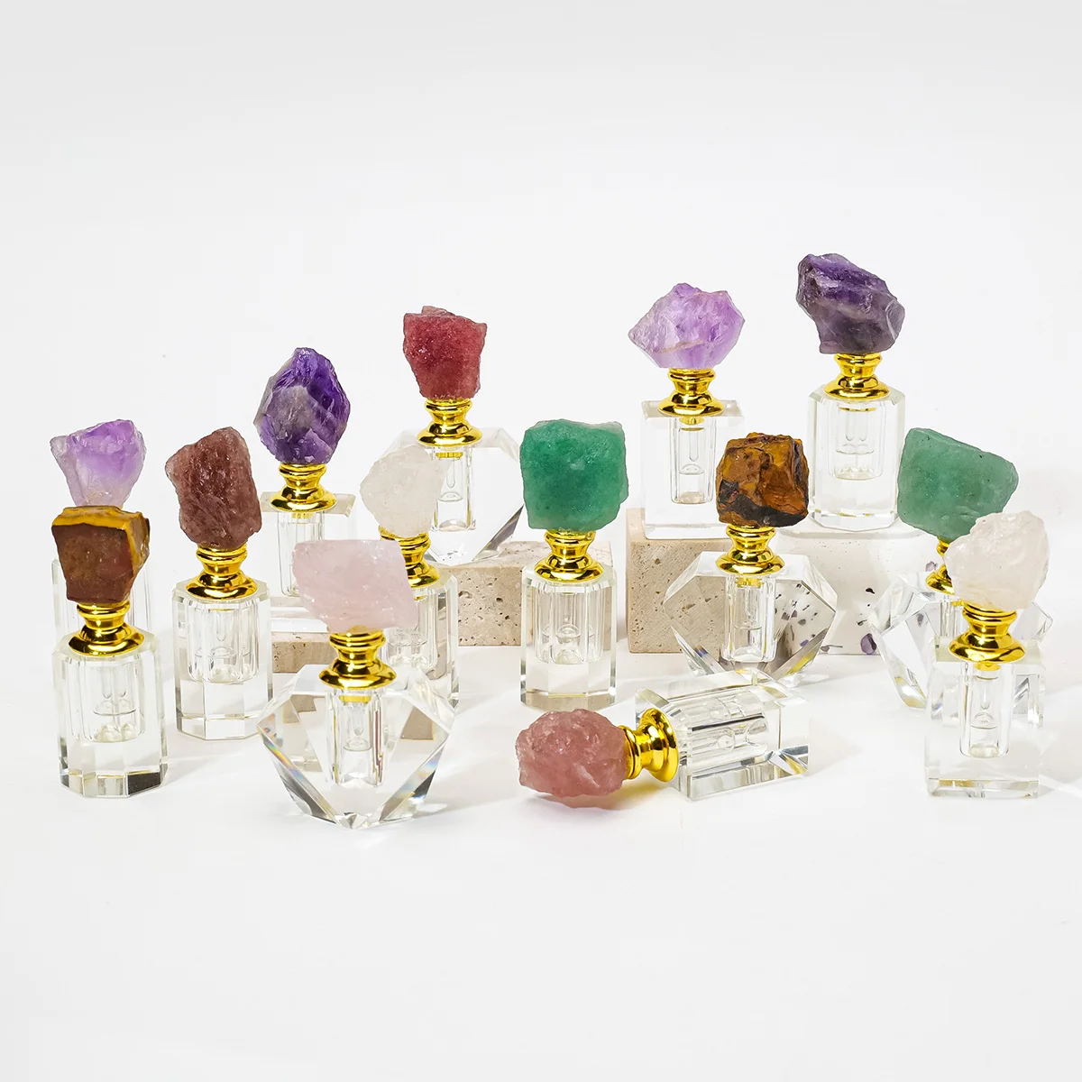 1PC Natural Amethyst Crystal Cluster Healing Stone Essential Oil Bottle Empty Refillable Perfume Dropper for Aromatherapy