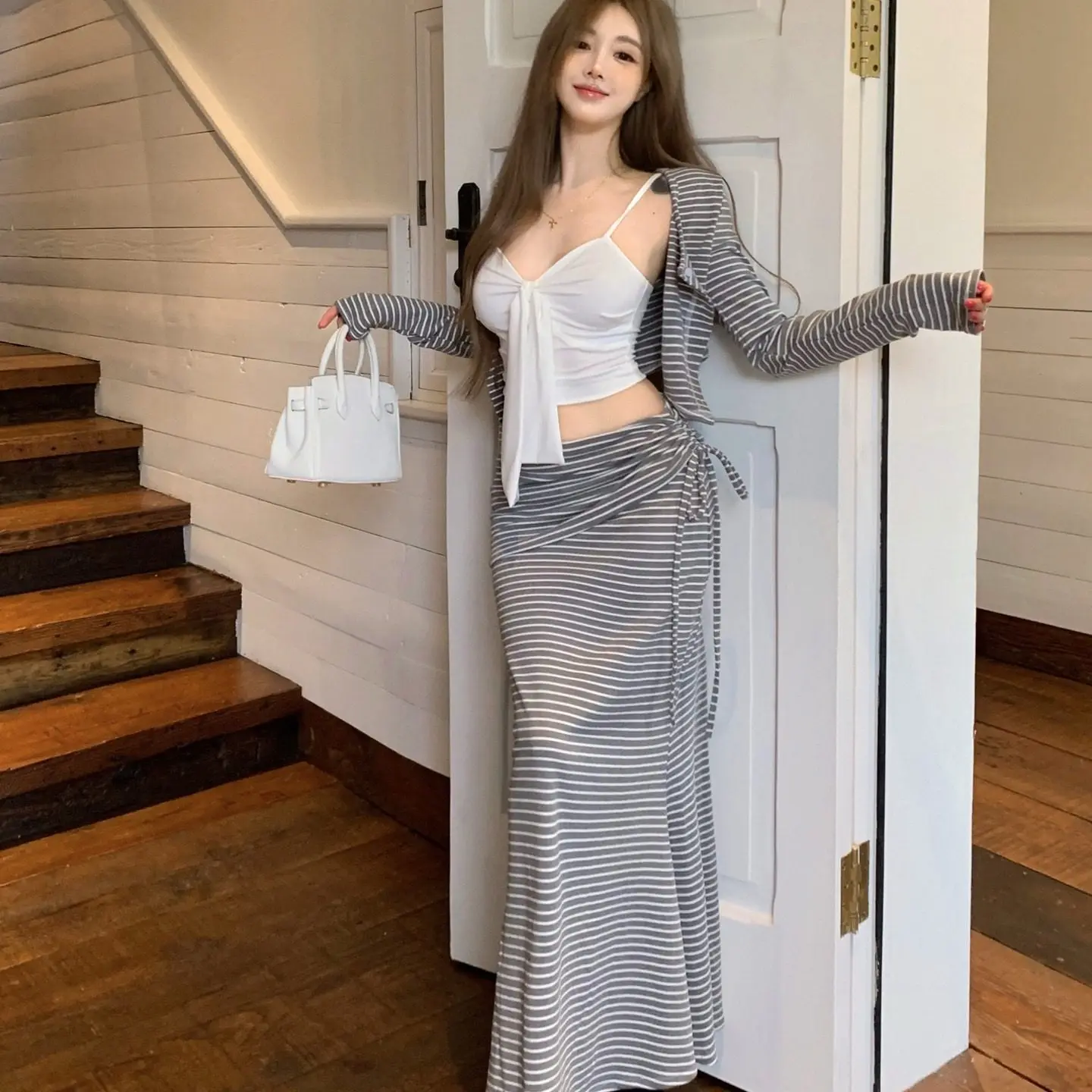 Casual Grey Striped Knitwear Camisole Half Skirt Three Piece Set Korean Style Spring Collection Women's Fashion Inner Wear