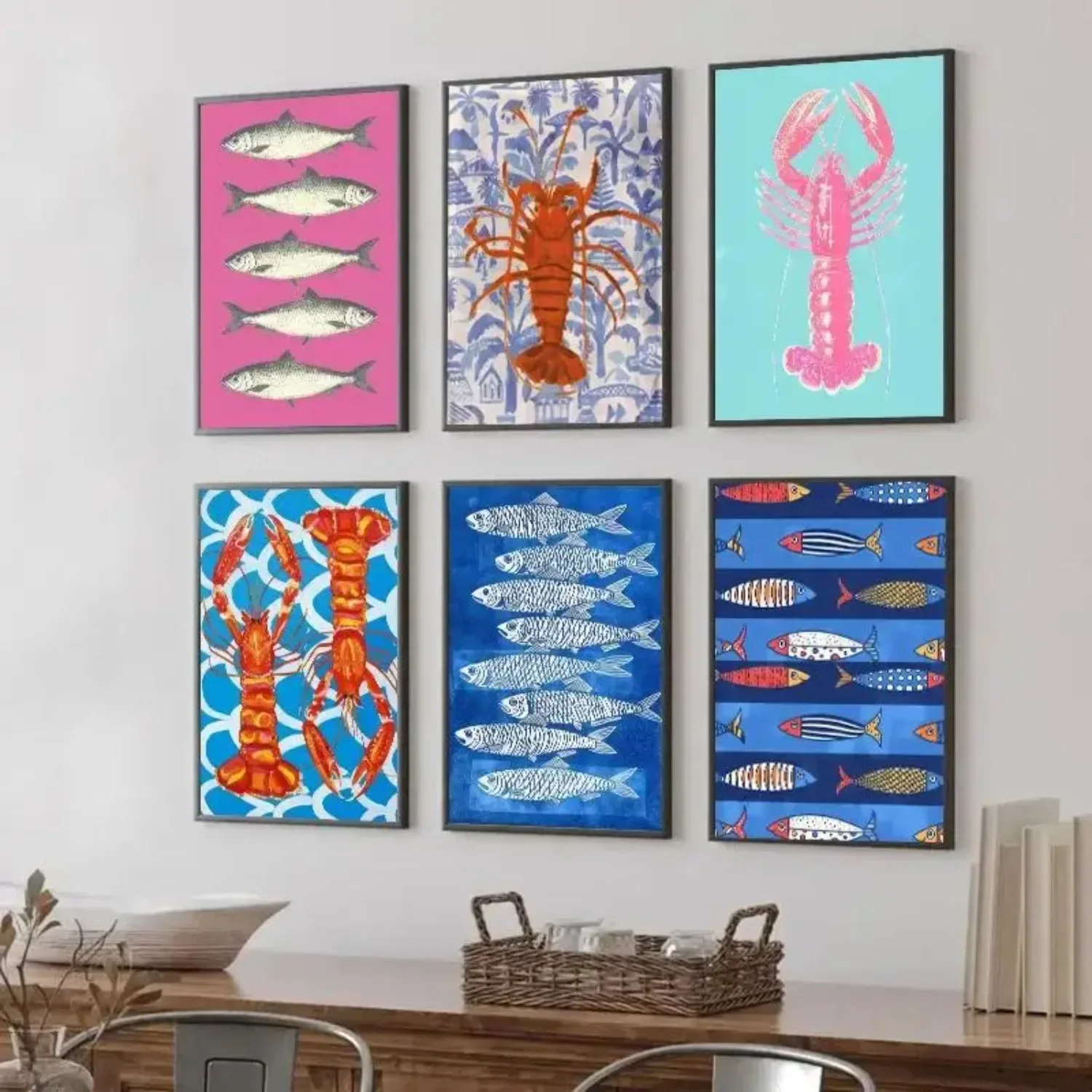 Póster Artístico de pared de comida deliciosa, sardinas coloridas, langosta, pez, comida enlatada Retro, pintura en lienzo, decoración moderna para sala de estar y cocina