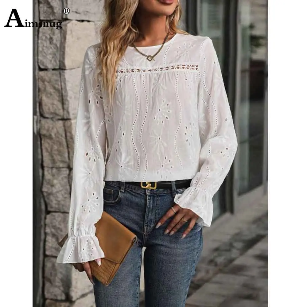 Women Elegant Lace Board Shirts New Summer Boho Flower Blouse Long Sleeve Basic Tops Ladies Shirt blusas Femmes Clothing 2025