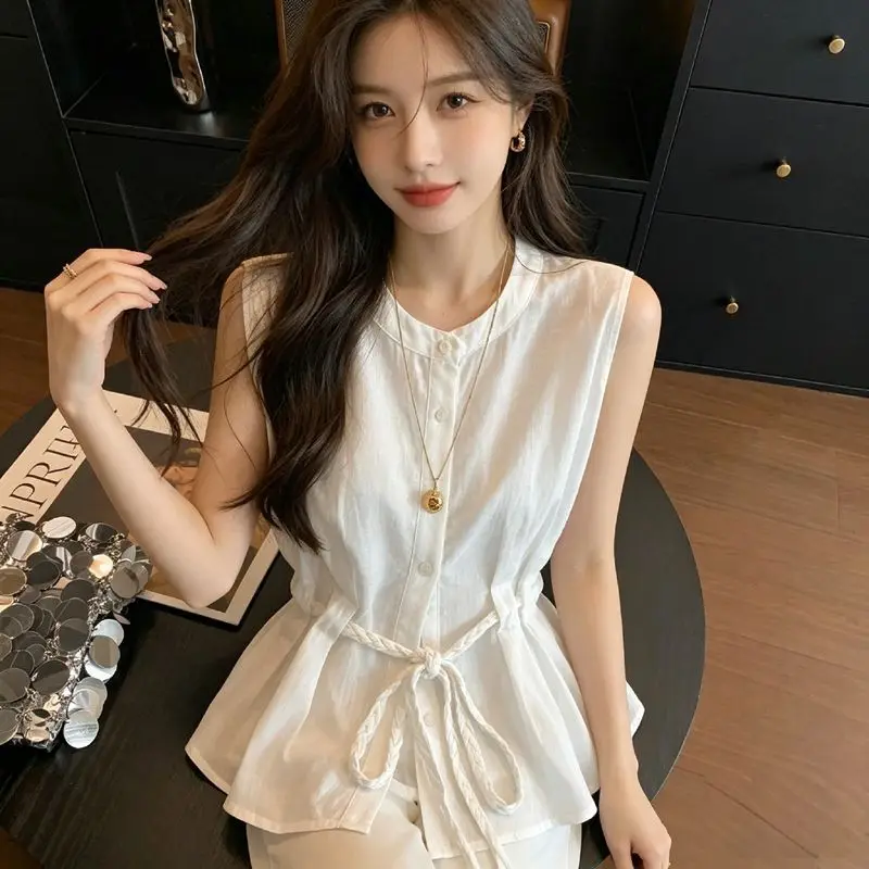 Women's 2026 Summer New Korean White Tie Waist Sleeveless Babydoll Top Sexy Hot Girl Y2K Chic Coquette Going Out Streetwear Cute