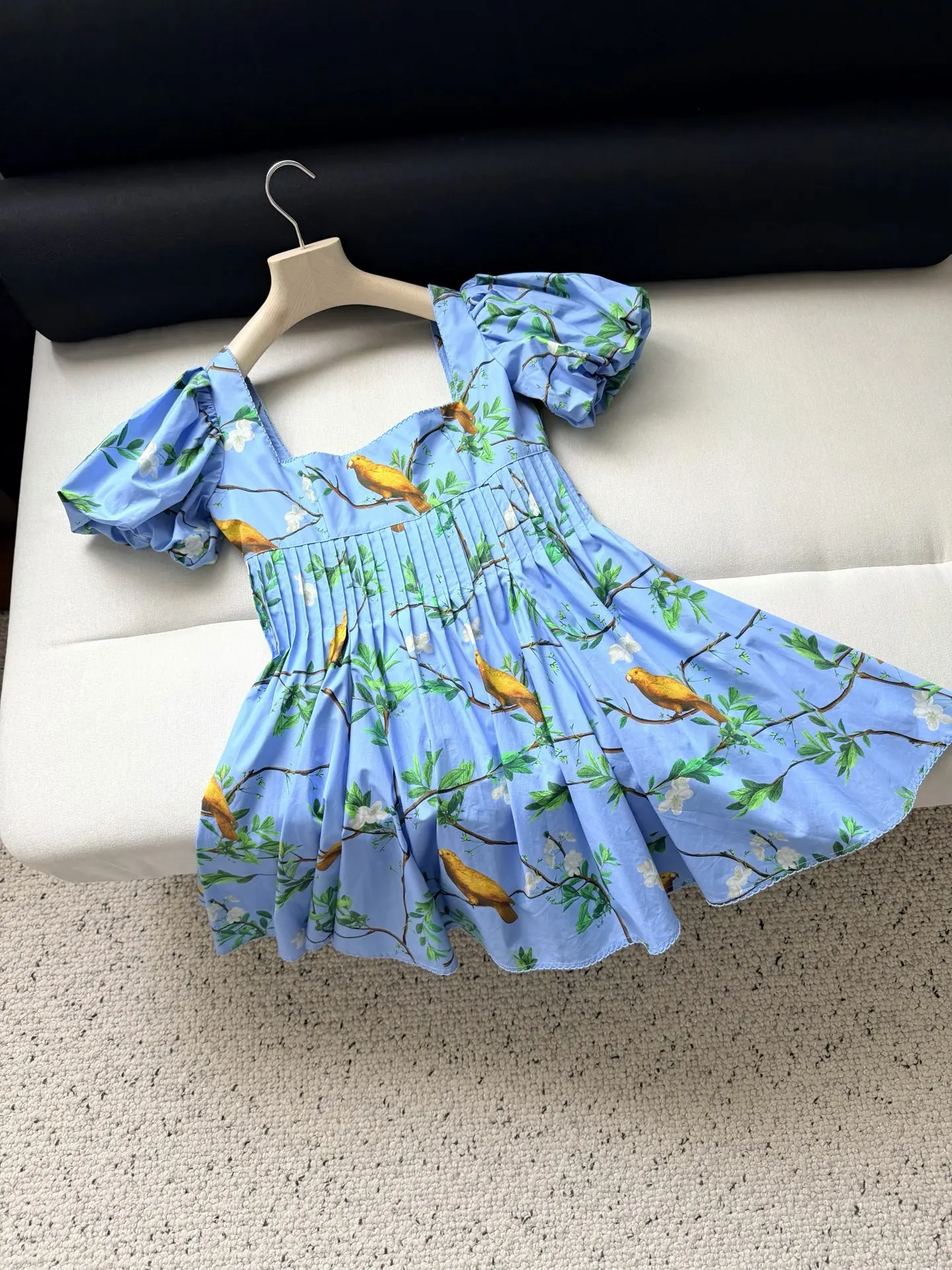 2026 Women's Animal Pattern Print Blue Dress Pleated High Waist Square Collar Puff Sleeve Fashion Ladies 100% Cotton Mini Robe