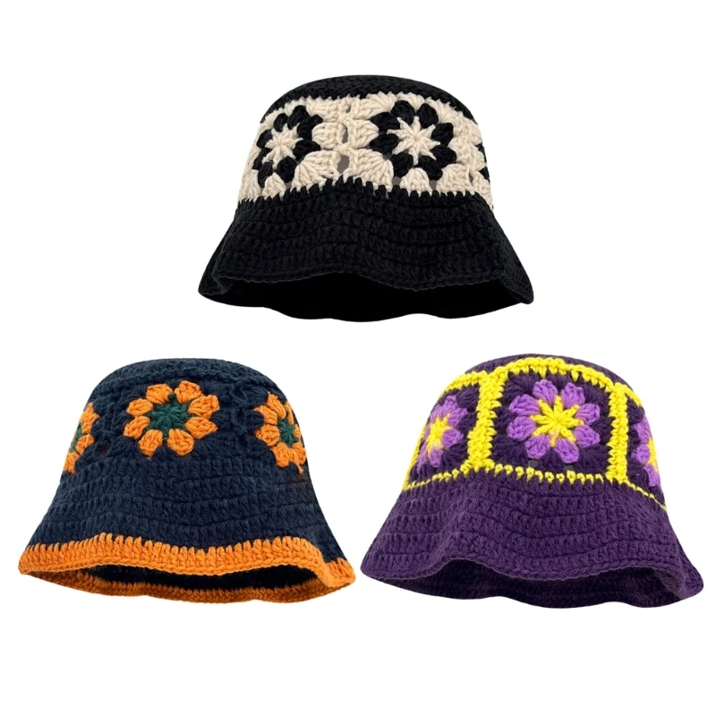 Summer Fisherman Hat for Woman Weaving Bucket Hat Crochet Flower Wide Brim Dropship