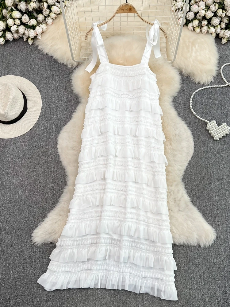 Gentle Breeze Pure Desire Wooden  Ruffle Strapl Dr Beach Vaion Loose A-Line Cake Skirt High Waist Summer Dr