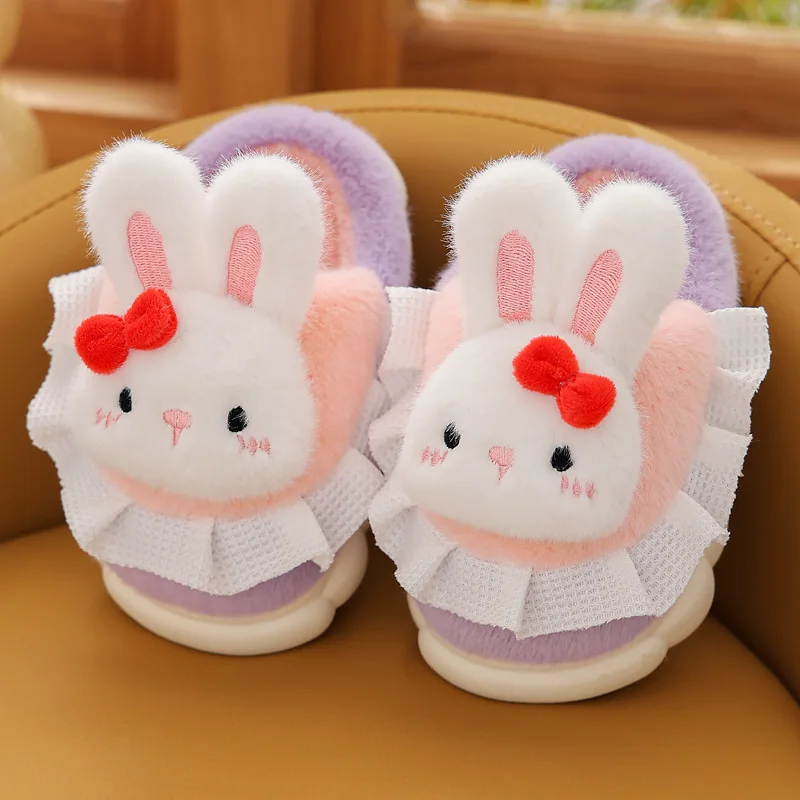 2024 New Cute Cartoon Rabbit Children\'s Plush Slippers Soft Non-slip Winter Warm Baby Boys Girls Kids Indoor Home Cotton Shoes